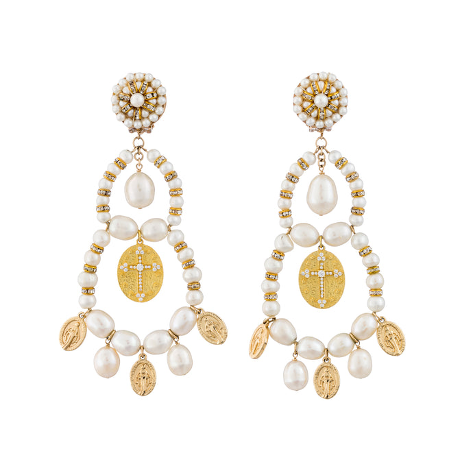 Pearl and Cross Chandelier Earrings