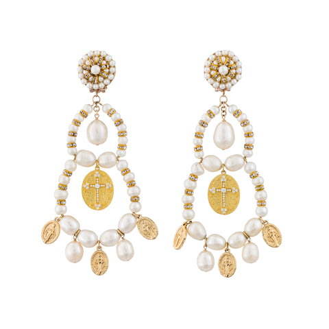 Pearl and Cross Chandelier Earrings